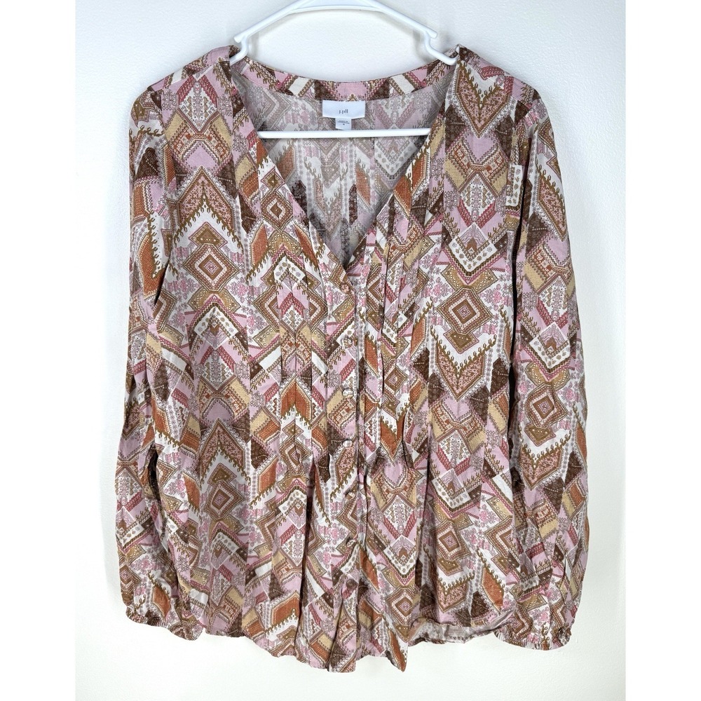 J jill Pink Brown Geometric Tribal Print button up shirt Blouse V-neck LS Medium